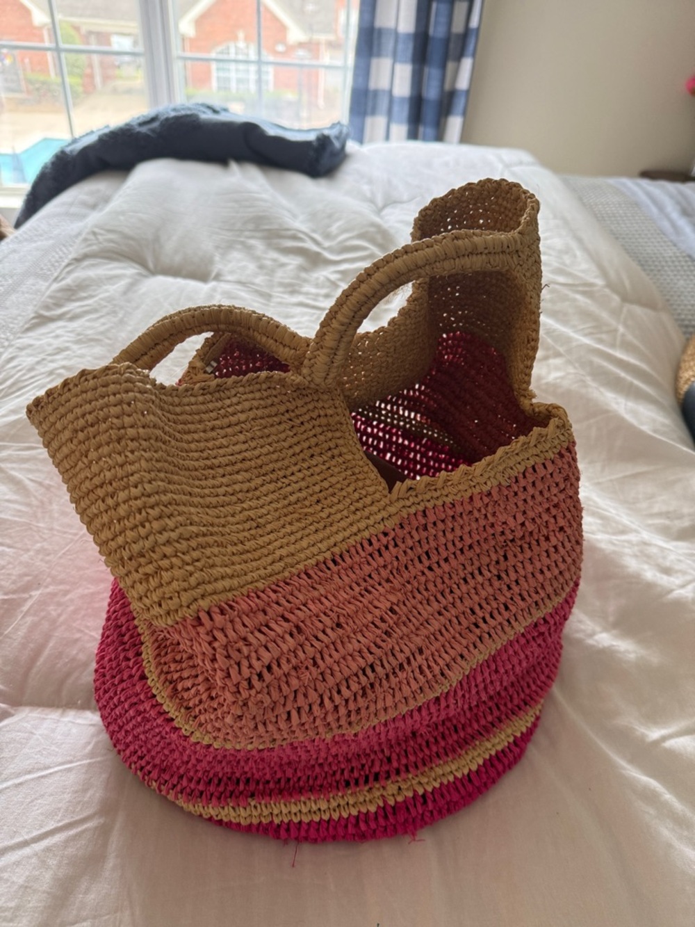 MAR Y SOL Straw Crochet Tote Bag - Pink & Tan